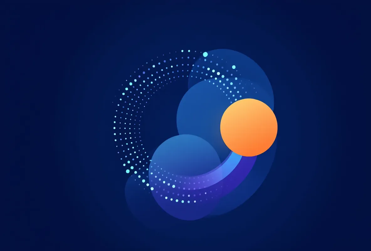 An abstract EdTech-style motif of a ring of violet and blue dot-nodes with one inner cluster diminished and a small orange flagship marker, on a deep indigo-violet ground