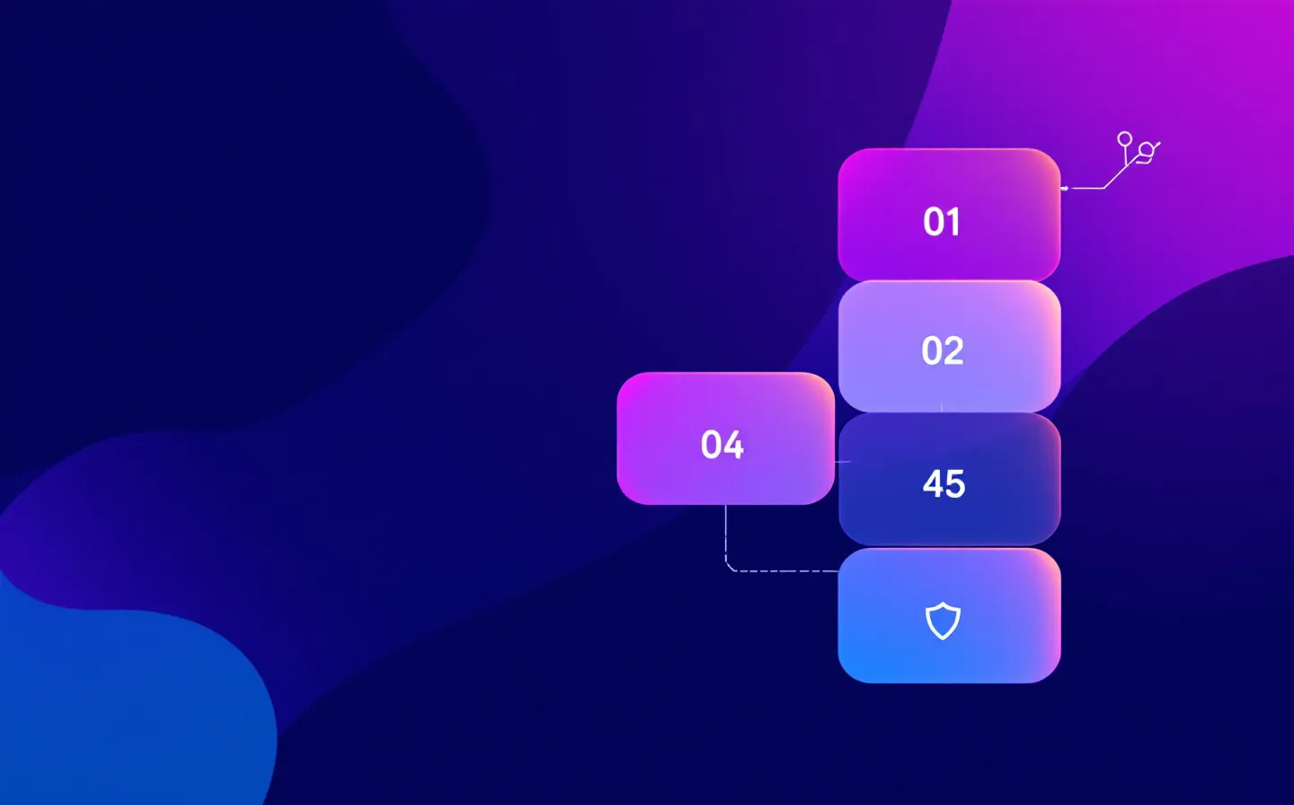 A vibrant EdTech-style vertical learning-path of four numbered module nodes connected by a violet-to-blue-to-orange gradient line on a deep indigo-violet ground